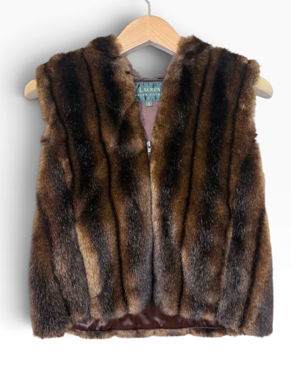 Lauren Ralph Lauren Faux Fur Hooded Vest Brown Black Zip Front Women's Size Smal